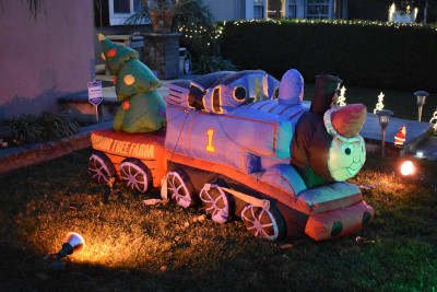 An inflatable Thomas the Tank Engine from Sodor Tree Farm.