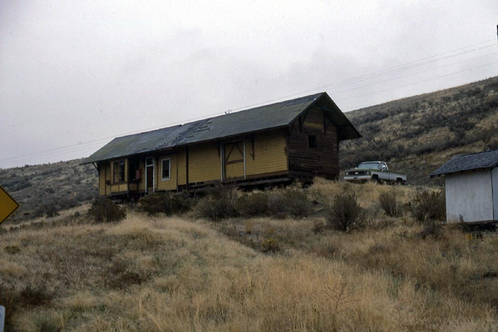 A former Union Pacific depot, likely from Ione, in use as a private