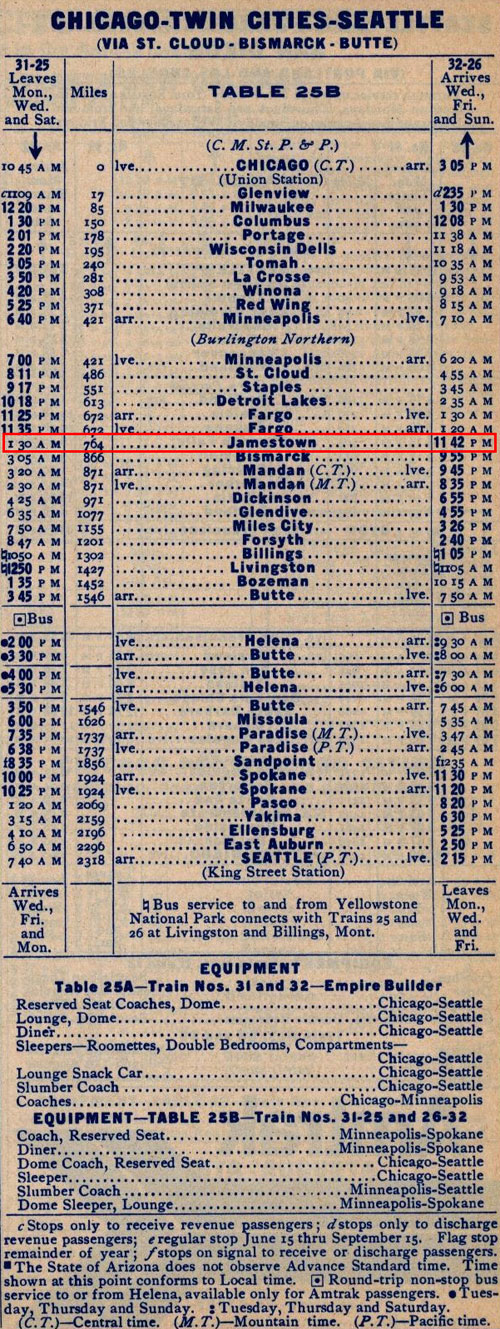 The first Amtrak timetable showing Jamestown, ND Station (issued on