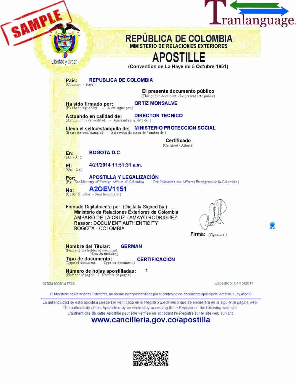 Apostille Colombia Tranlanguage Certified Translations