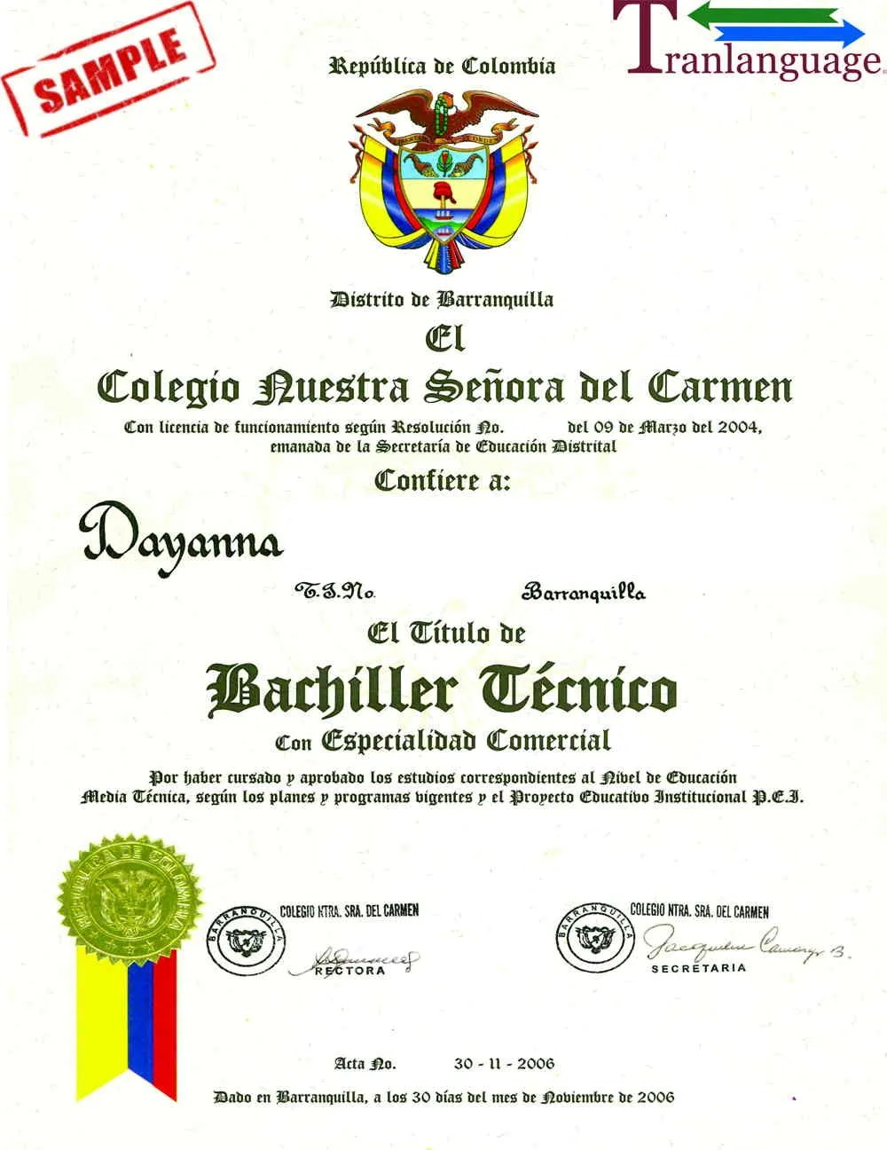 Diploma Colombia Tranlanguage Certified Translations