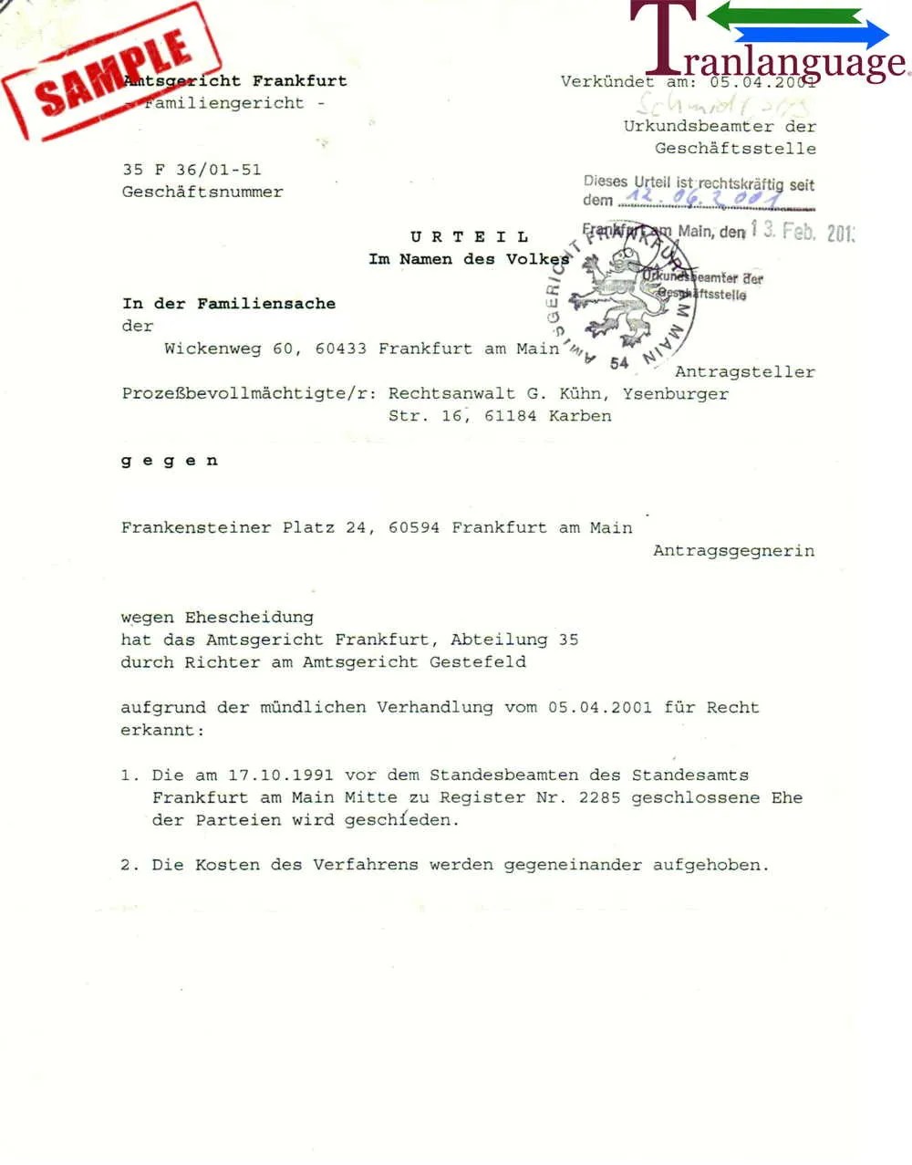 Divorce Certificate Germany Tranlanguage Certified Translations