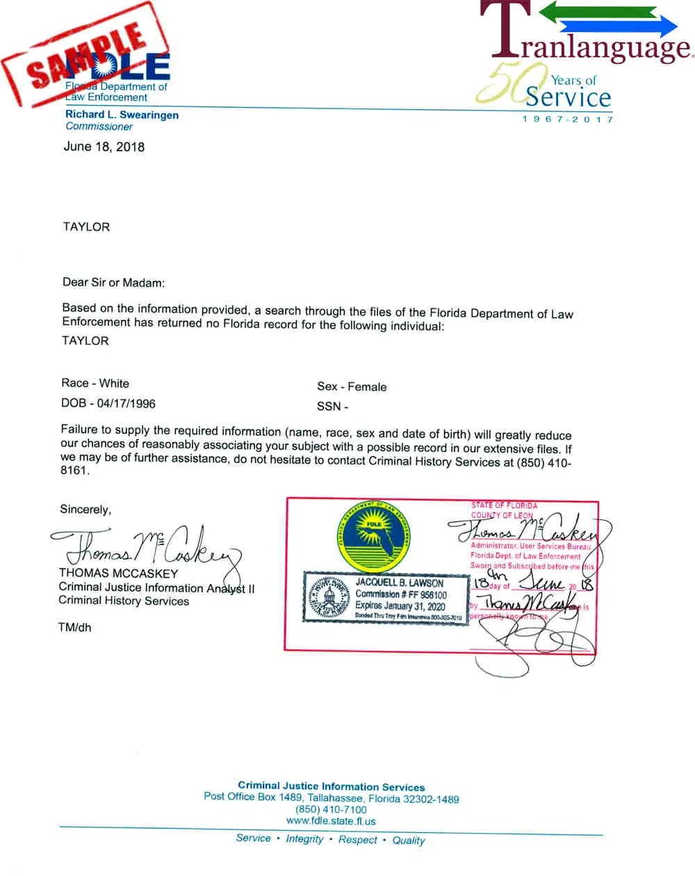 Police Background Check US Florida Tranlanguage