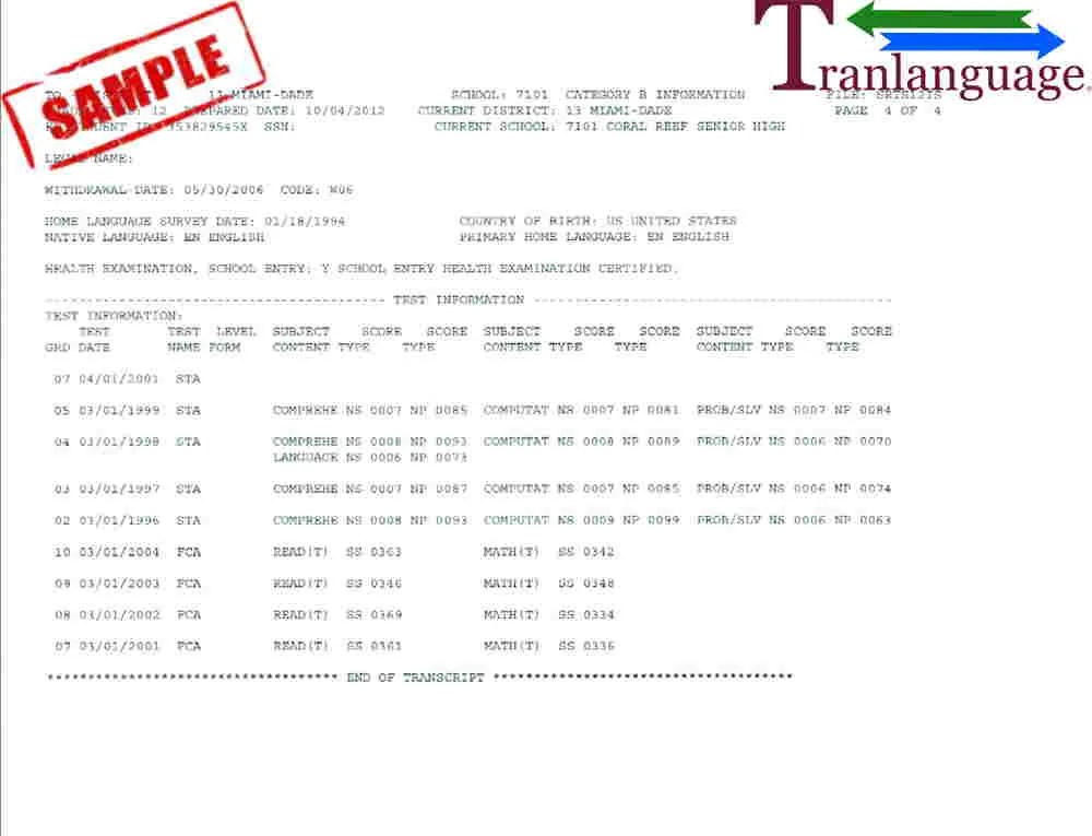 Transcript US High School Tranlanguage Certified Translation