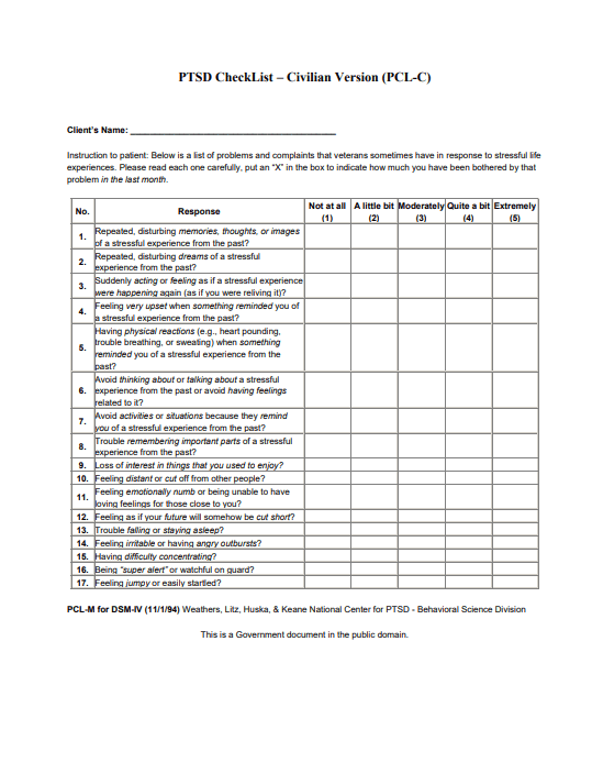 PostTraumatic Stress Disorder Checklist for Civilians (PCLC) Trauma