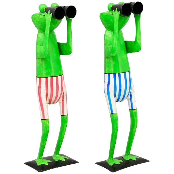 Metall Skulptur Bademeister Frosch mit Fernglas Metallfrosch
