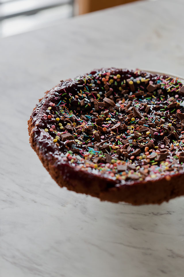 Croatian chocolate & blueberry jam cake, GF ("Bobanova torta