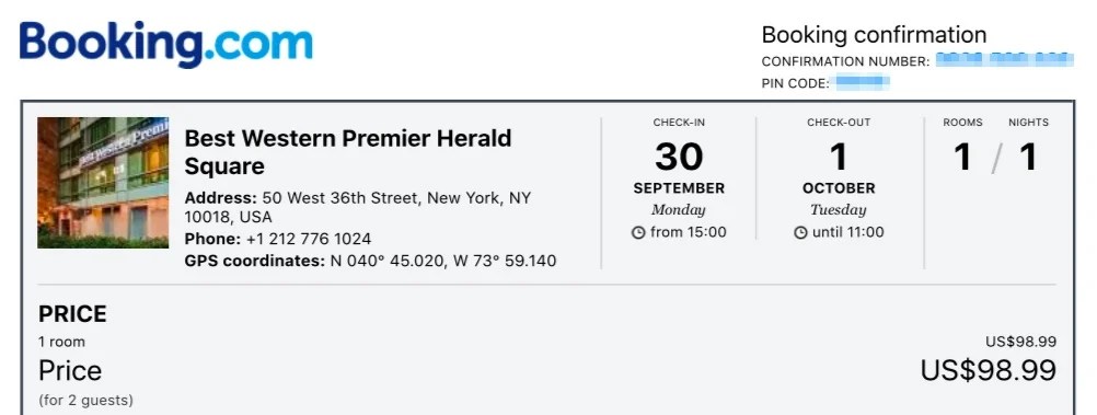 my booking confirmation for under $100 at this NYC hotel