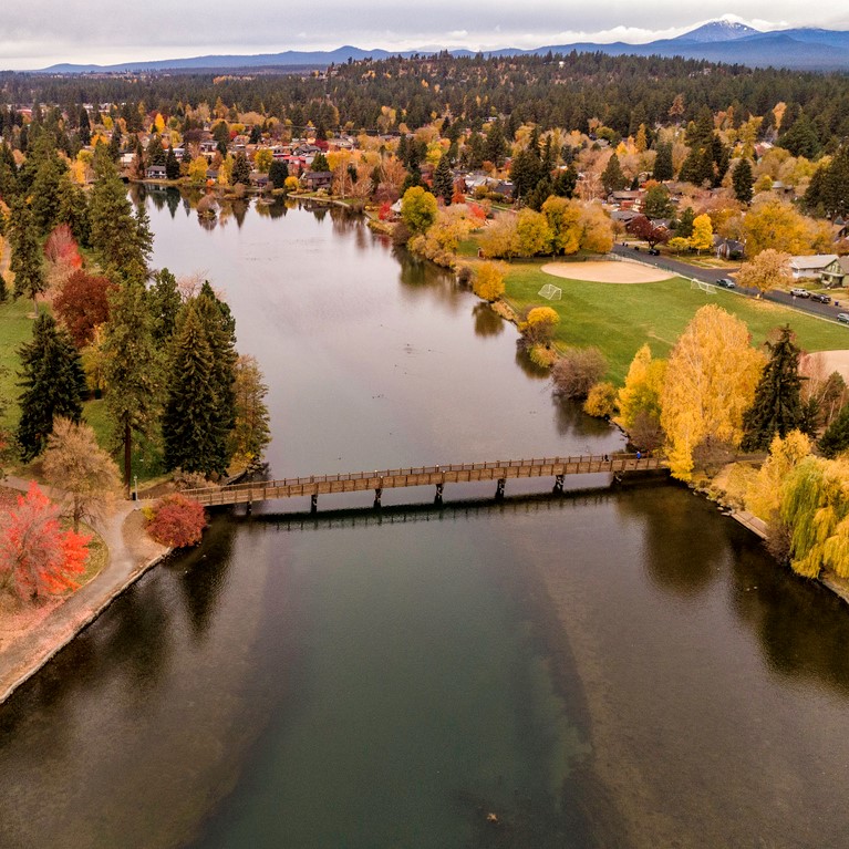 Looking down on Mirror Pond on the Deschutes River in Bend Oregon lined