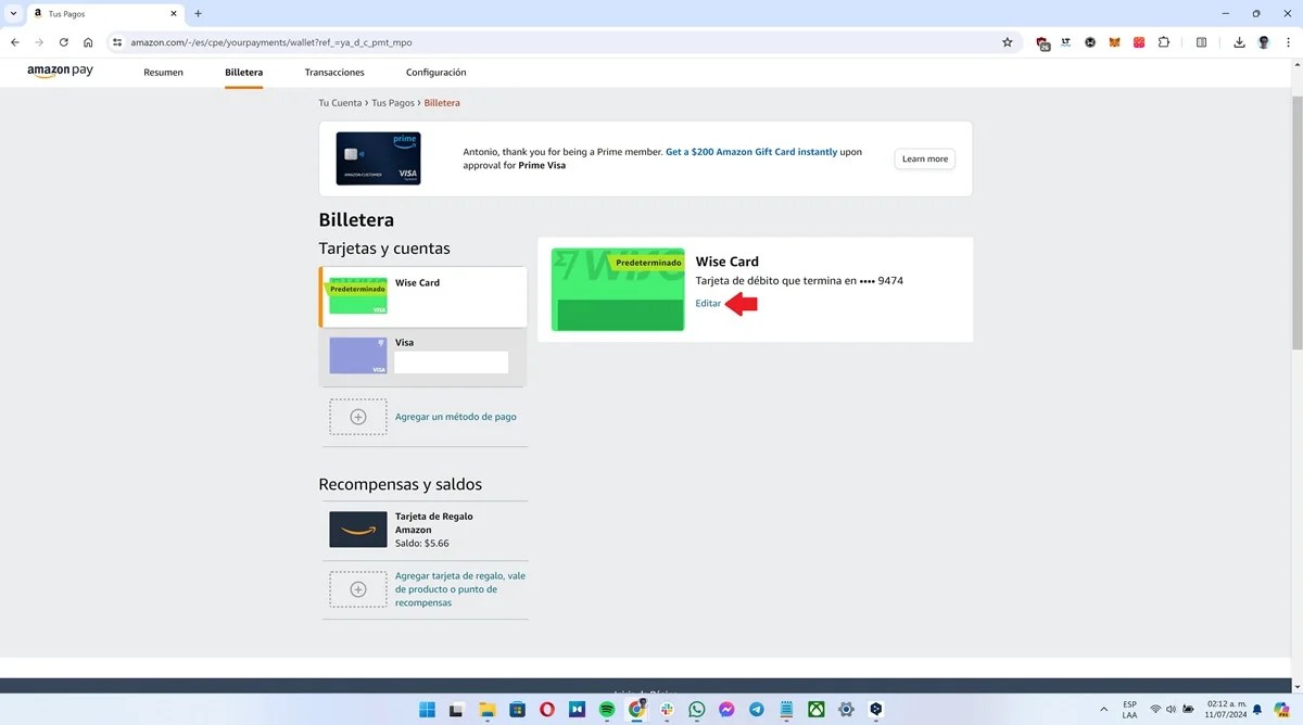 Cómo eliminar una tarjeta de crédito o débito en Amazon