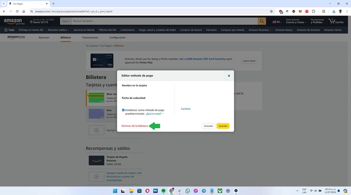 Cómo eliminar una tarjeta de crédito o débito en Amazon