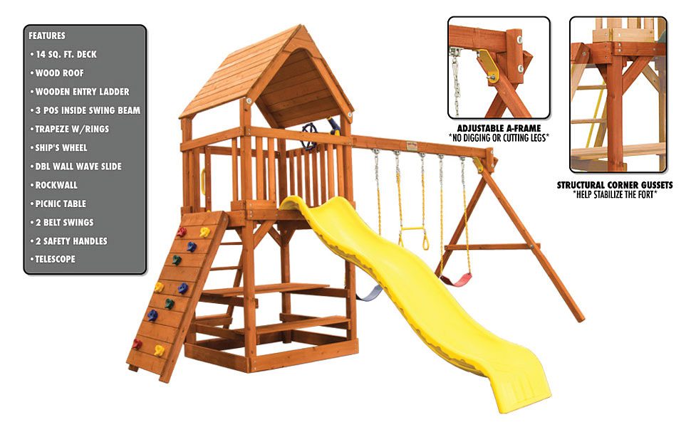 Toucan Fort Swing Sets Wooden Roof Picnic Table Wave Slide