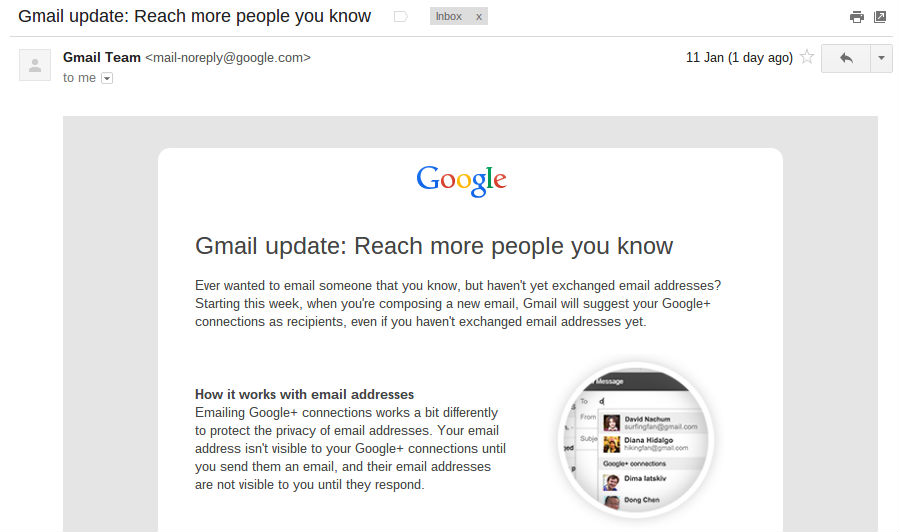Gmail update Google+ comment