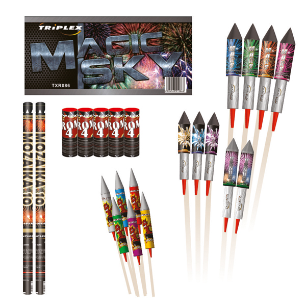 15 rockets in 4 sizes, 2 pcs roman candles, 1 pack crackers Triplex