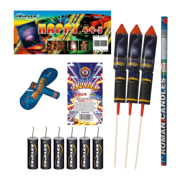 3 rockets, 1 roman candle, 1 butterfly, 2 packs of firecrackers