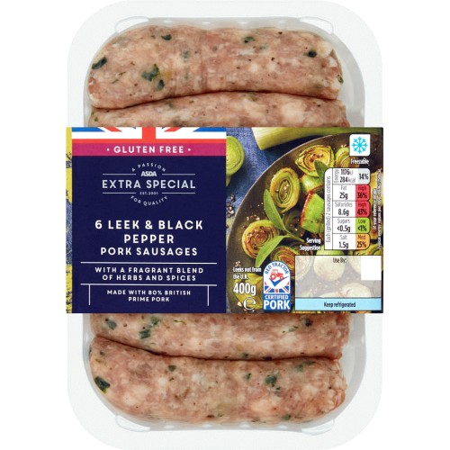 ASDA Extra Special 6 Leek & Black Pepper Pork Sausages (400g) Compare