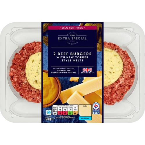 ASDA Extra Special 2 Beef Burgers with Cave Aged Cheddar & Caramelised Red Onion Melts (300g