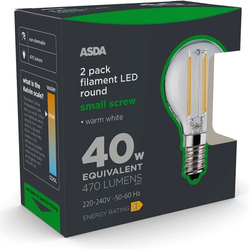ASDA LED Filament Round Small Screw Clear Lightbulb (2 x 40w) Compare