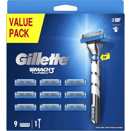 Gillette Mach3 Turbo Razor 3D Value Pack 9 + 1 Blades Brand New