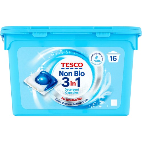 Tesco Non Biological 3In1 Laundry Detergent Capsules 16 Washes (392ml