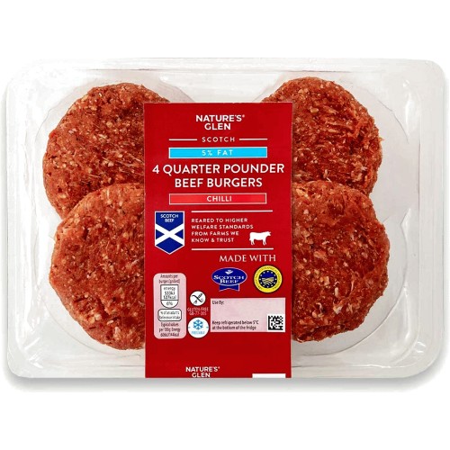 Nature's Glen 5 Fat Quarter Pounder Beef Burgers With Chilli Seasoning (454g) Compare Prices
