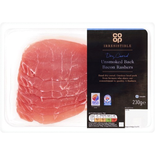 Coop Irresistible Air Dry Cured 6 Unsmoked Back Bacon Rashers (230g