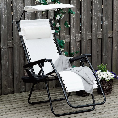 Outsunny White Zero Gravity Foldable Garden Recliner Chair with Canopy