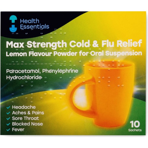 Health Essentials Max Strength Cold And Flu Relief Lemon Flavour Powder