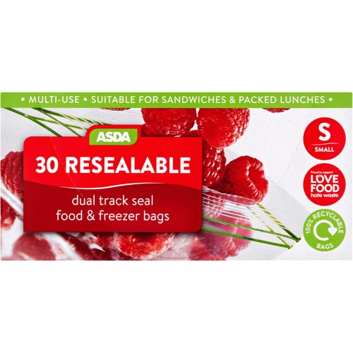 ASDA 30 Resealable Dual Track Seal Food & Freezer Bags Small (30