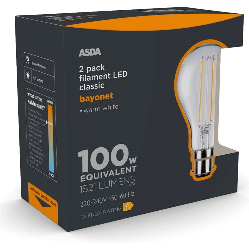 ASDA LED Filament Classic Large Clear Lightbulb (2 x 100w