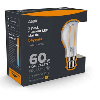 ASDA LED Filament Classic Large Clear Lightbulb (2 x 60w