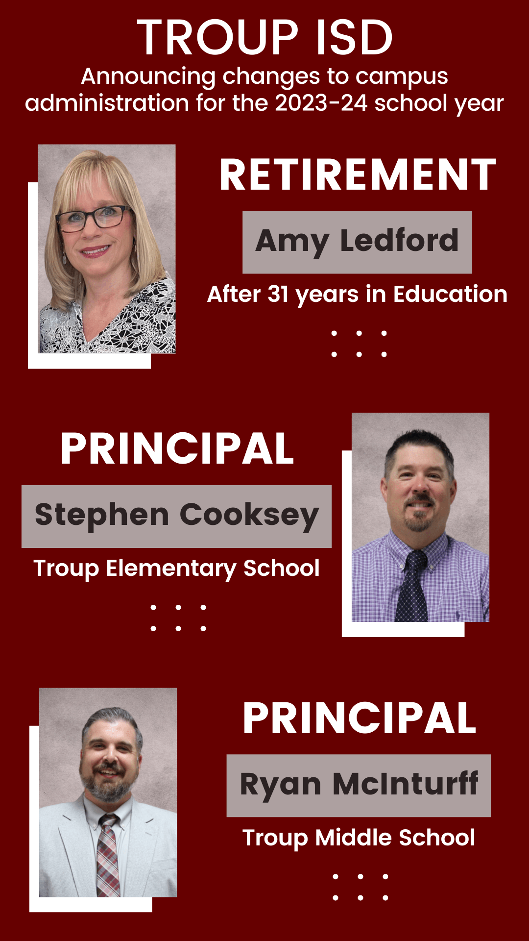 Campus Administration Changes for the 202324 School Year Troup ISD