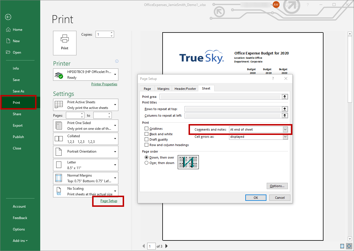 Printing Notes True Sky