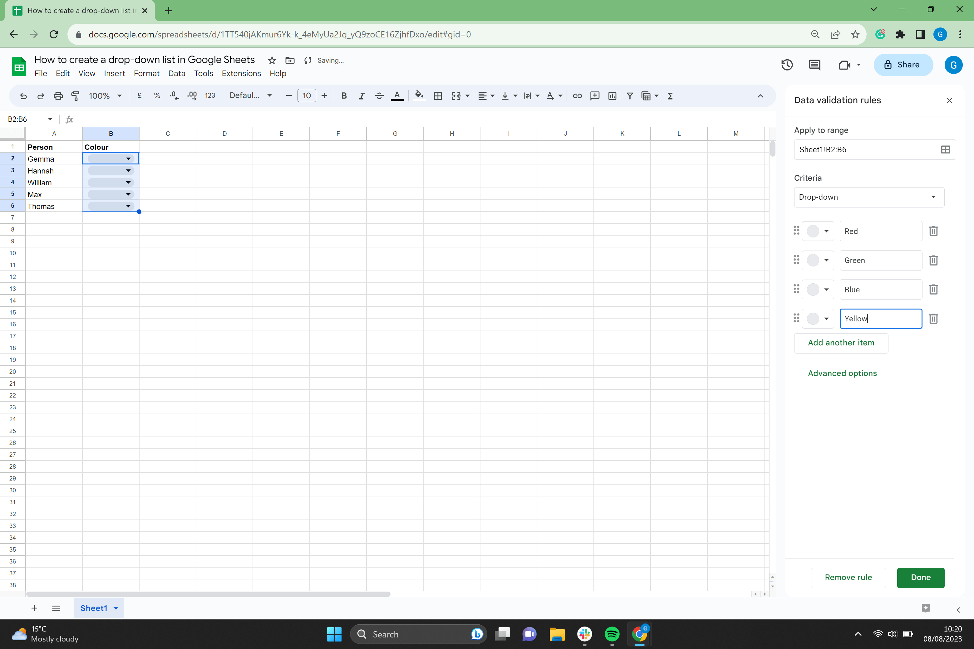 How to create a dropdown list in Google Sheets