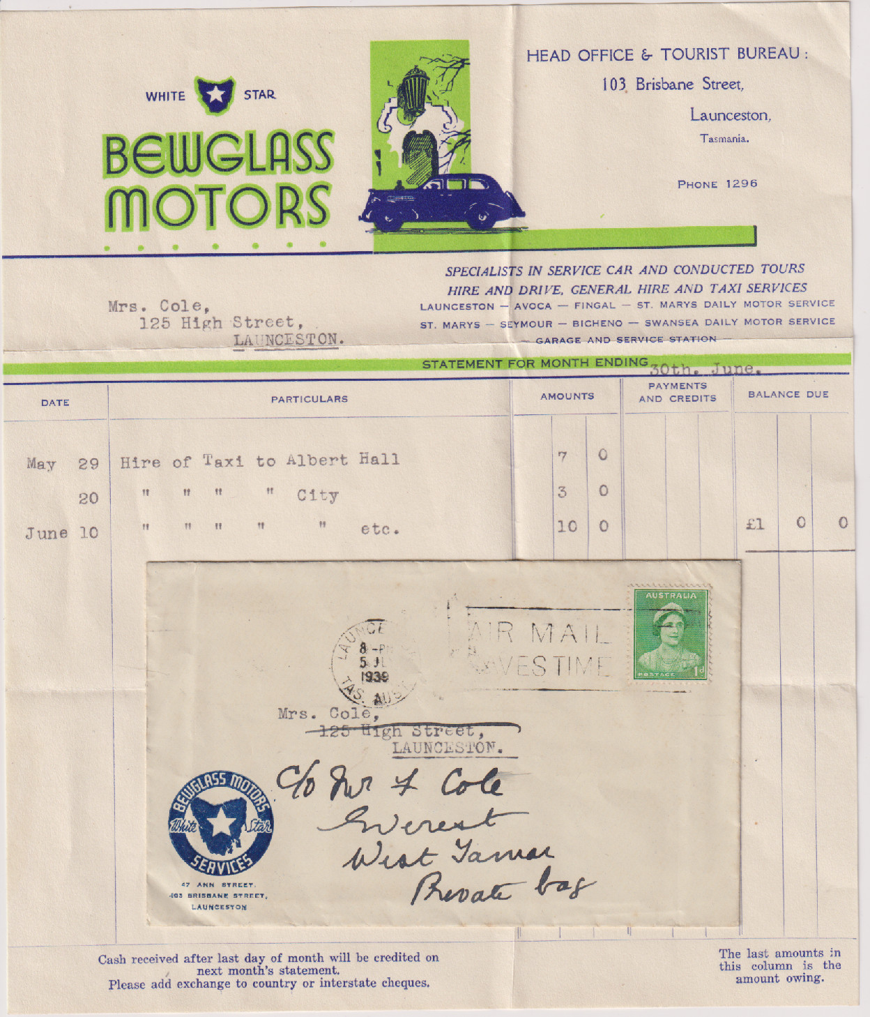 (BB1067) TASMANIA · 1939 BEWGLASS MOTORS (Launceston) advertising