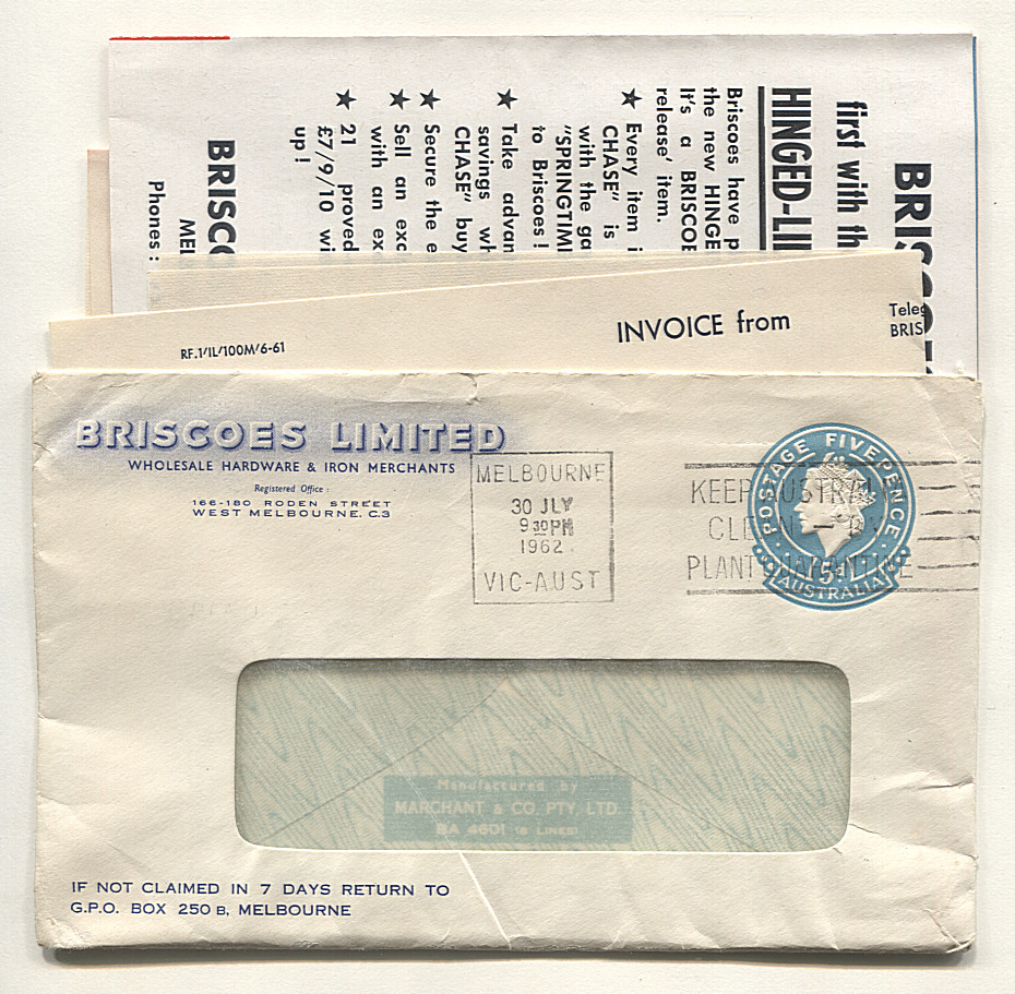 (BB15052) AUSTRALIA · 1962 small BRISCOES LIMITED (Melbourne) stamped
