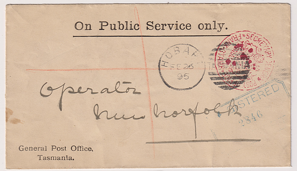 (BB1985) TASMANIA · 1895 small GPO envelope forwarded by registered