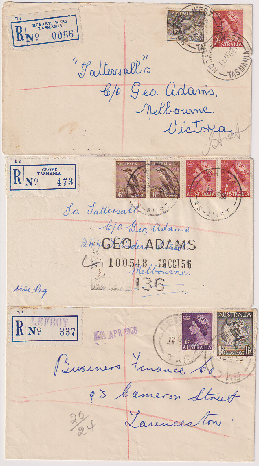 (BL1189) TASMANIA · 1955/58 3 registered commercial covers mailed from