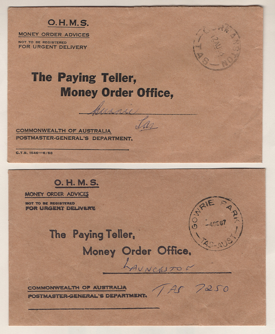 (BL15025) TASMANIA · 1967/68 different O.H.M.S. Money Order Advice