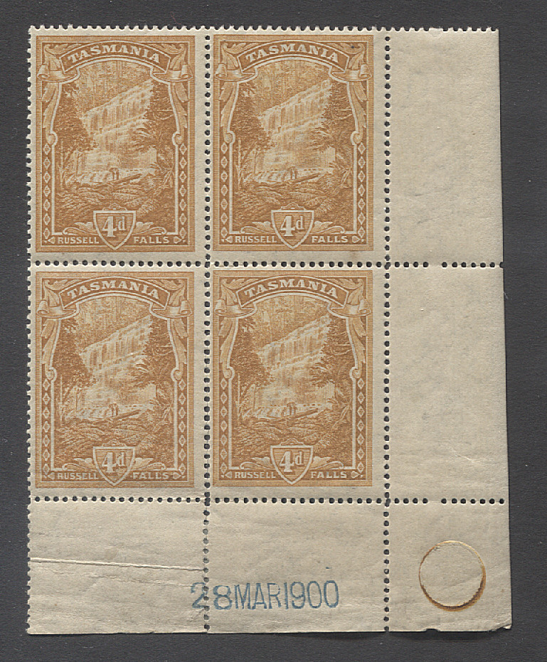 (MM15048) TASMANIA · 1900 MVLH/MNH corner block of 4x 4d deep orange