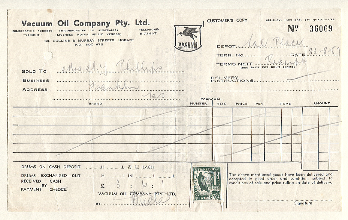 (TY15152L) TASMANIA · 1957 Vacuum Oil Company Pty. Ltd. receipts