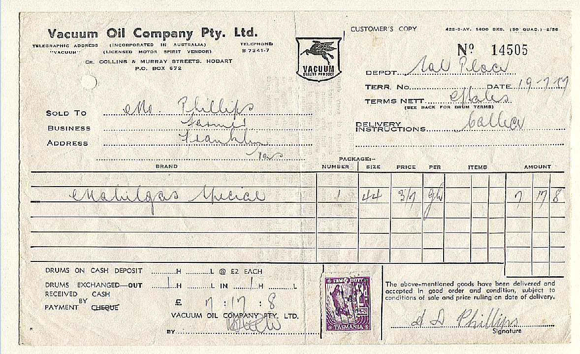 (TY15152L) TASMANIA · 1957 Vacuum Oil Company Pty. Ltd. receipts