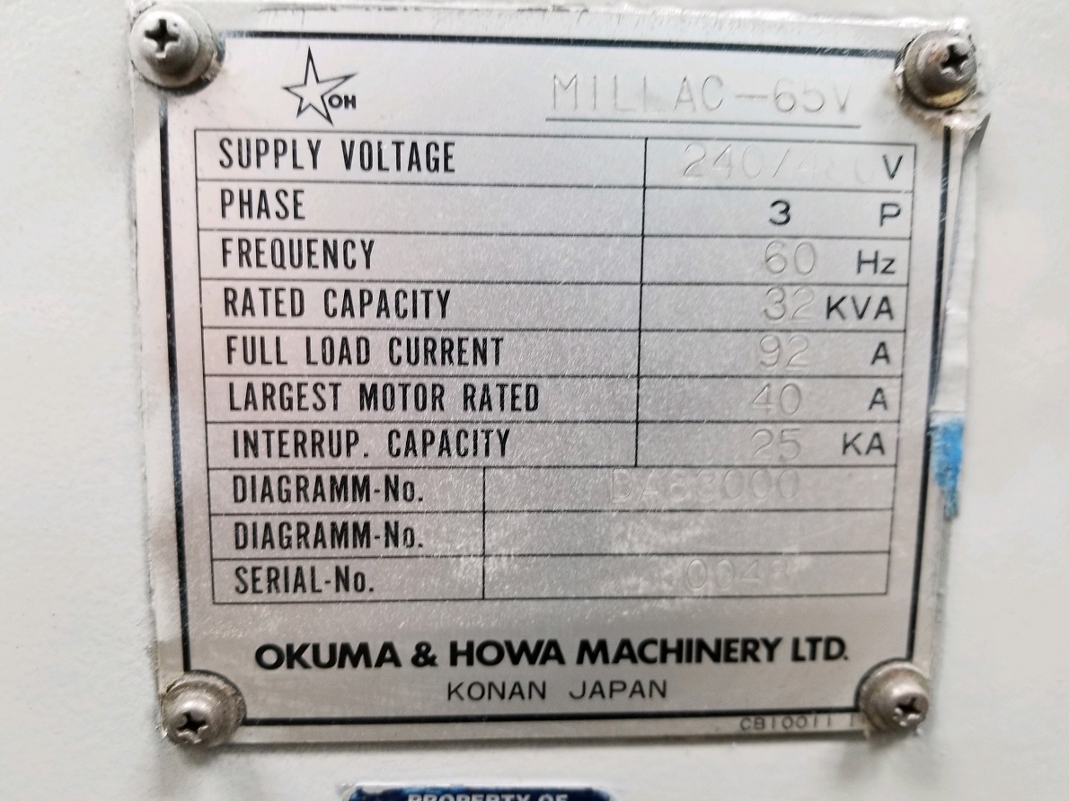 OKUMA & HOWA MILLAC 65V VERTICAL MACHINING CENTER