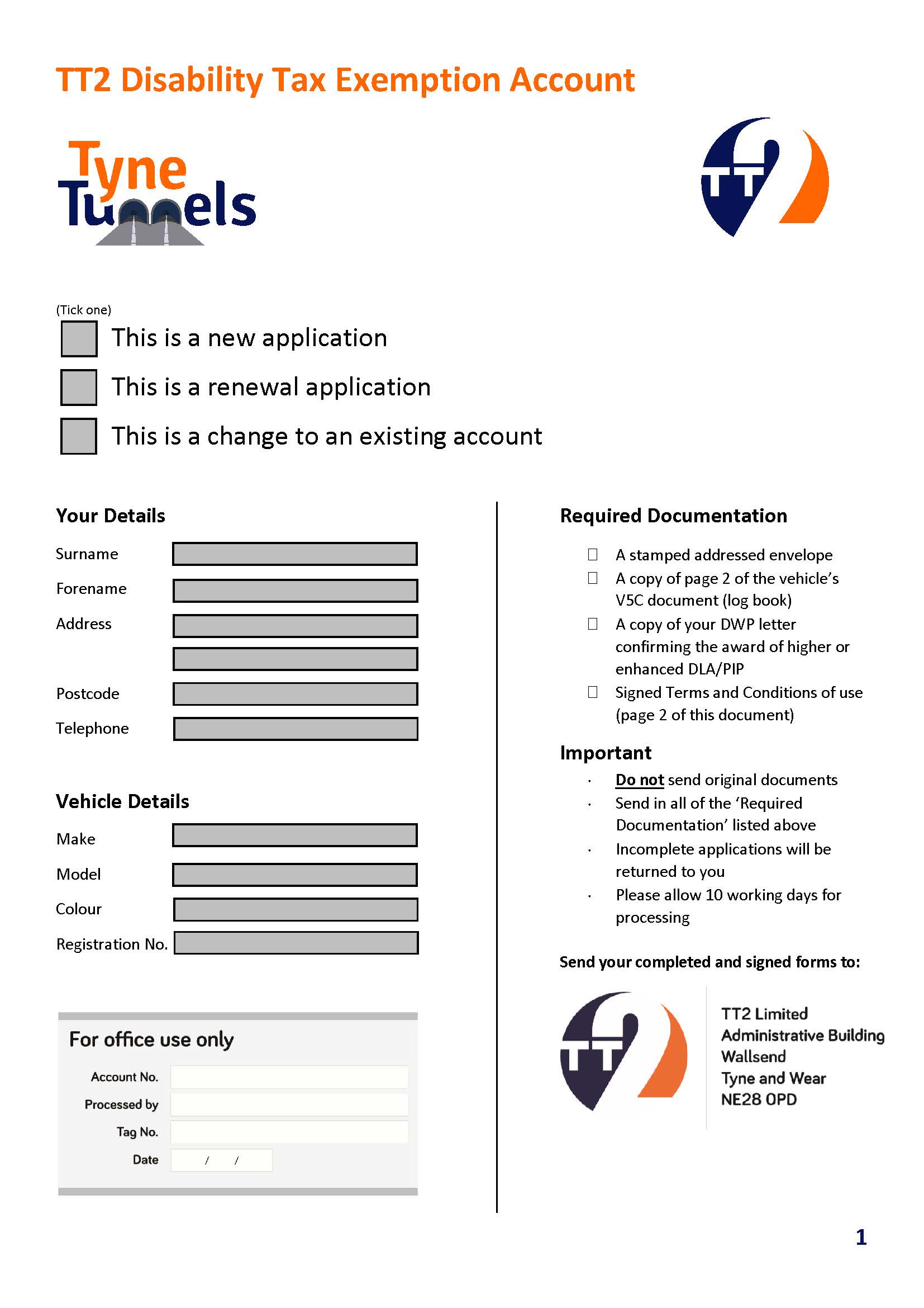 Exemption Accounts Apply by Post Tyne Tunnel 2
