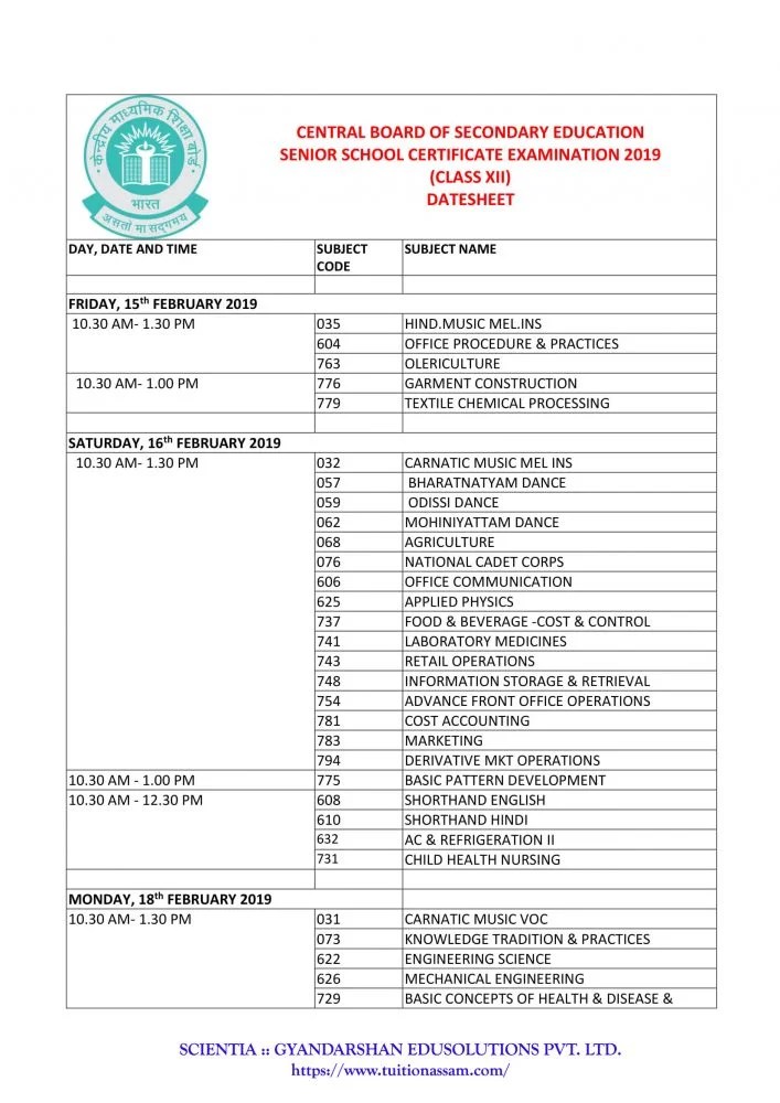 CBSE 12th Time Table 2019 XII Class Date Sheet Home Tuition Guwahati