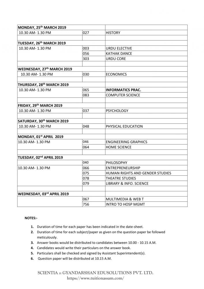 CBSE 12th Time Table 2019 XII Class Date Sheet Home Tuition Guwahati