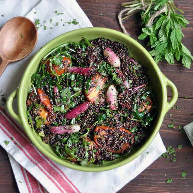 Slow Roasted Tomato, Black Quinoa, and Roasted Radish Salad with Honey