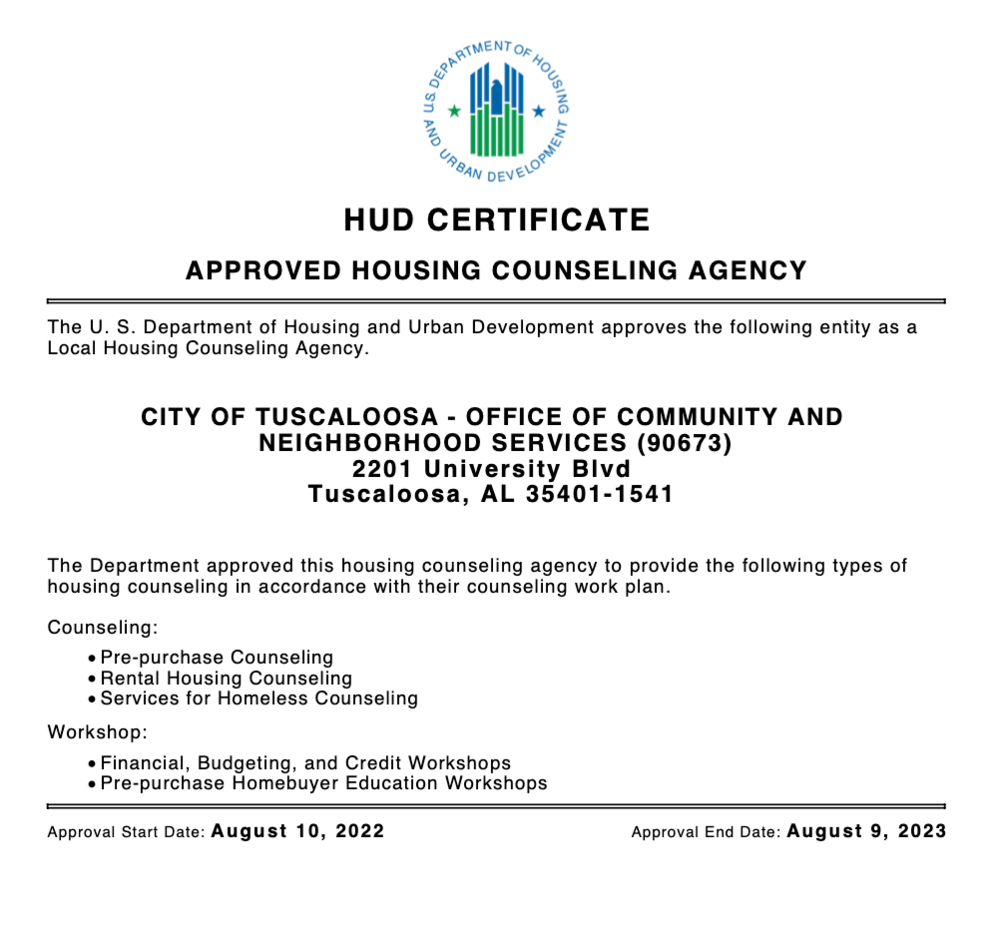 City of Tuscaloosa Designated as a HUD Housing Counseling Agency City
