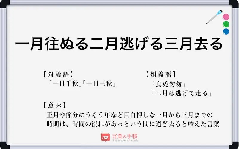 １月「行く」→２月「逃げる」→３月「去る」→４月「死ぬほど長い」！ : Maki+Saegusa 一月往ぬる二月逃げる三月去る」の使い方や意味、例文や類義語を徹底解説！ | 「言葉の手帳」様々なジャンルの言葉や用語の意味や使い方、類義語や例文まで徹底解説します。