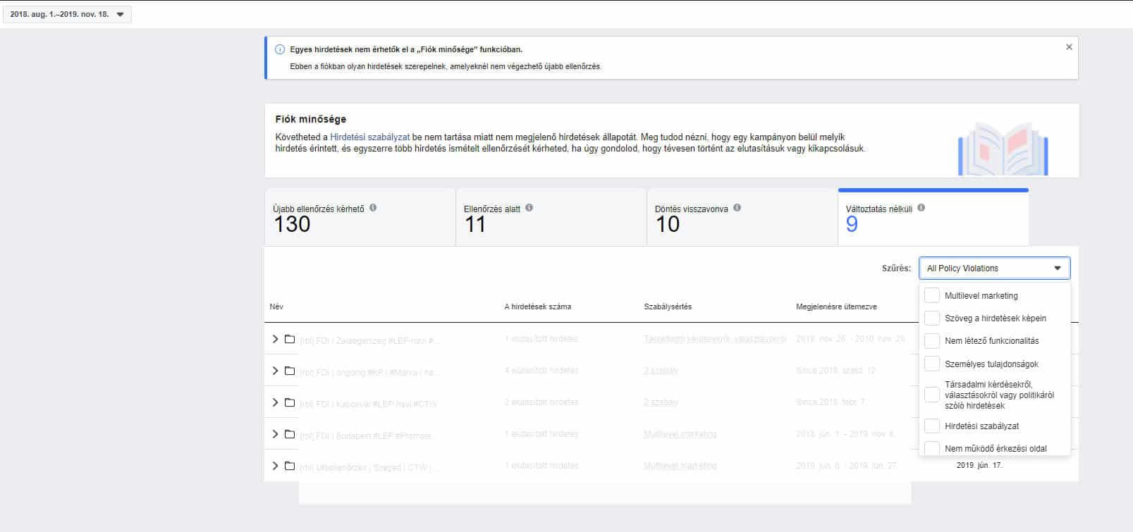 Facebook Account Quality eszköz